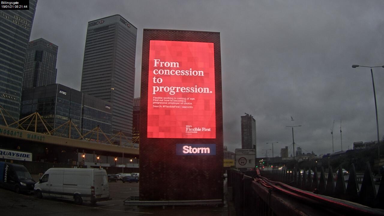 Billingsgate poster site in london showing WACL's Flexible First campaign. Headline describes flexible first and the future of work: "From Concession to Progression'. Body copy reads: Flexible working is coming of age. Find out how to become a progressive employer of choice. Search #FlexibleFirst wacl.info