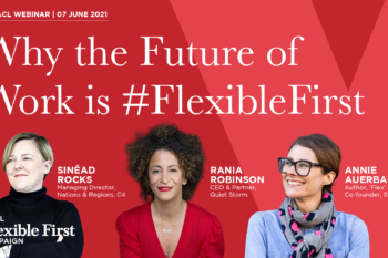 White text on a red background Why the Future of Work is Flexible First, a WACL webinar, 07 June 2021 with headshots of three event speakers.
