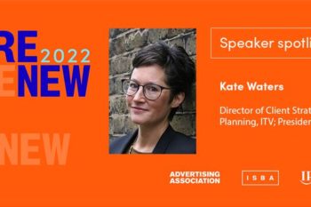 Renew 2022 event flyer depicting Kate Waters, WACL President 2021/22 as a speaker at the event organised by the IPA, the AA and ISBA where the All in Census 'action on gender' was announced as the WACL Flexible First Checklist