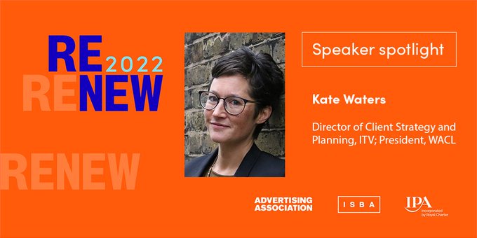 Renew 2022 event flyer depicting Kate Waters, WACL President 2021/22 as a speaker at the event organised by the IPA, the AA and ISBA where the All in Census 'action on gender' was announced as the WACL Flexible First Checklist